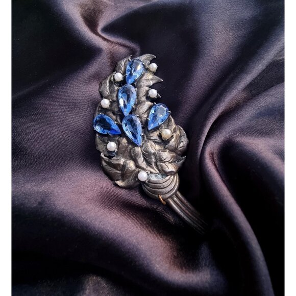 Rare Find Vintage 1920-1930s Blue Rhinestones Silver Metal Toned Large Leaf Broo - Picture 2 of 6